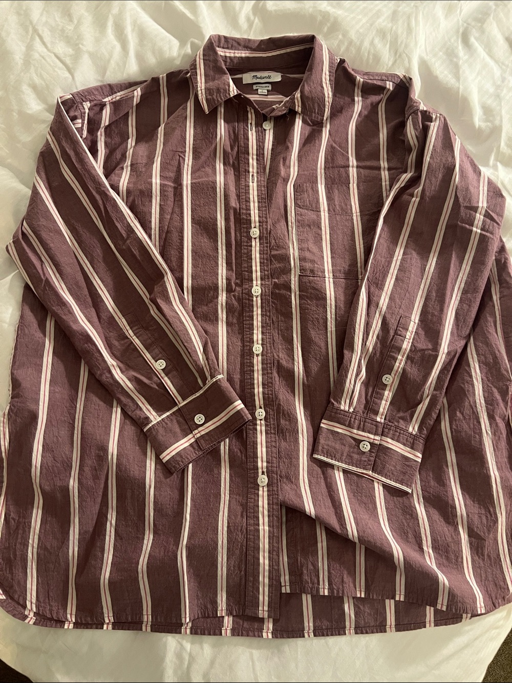 Madewell Men's Plum and Cream Striped Button-Down Shirt